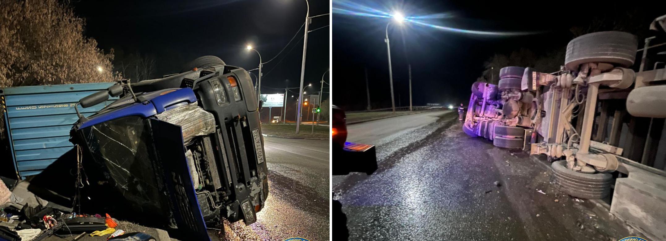 Грузовик MAN перевернулся в Советском районе Новосибирска